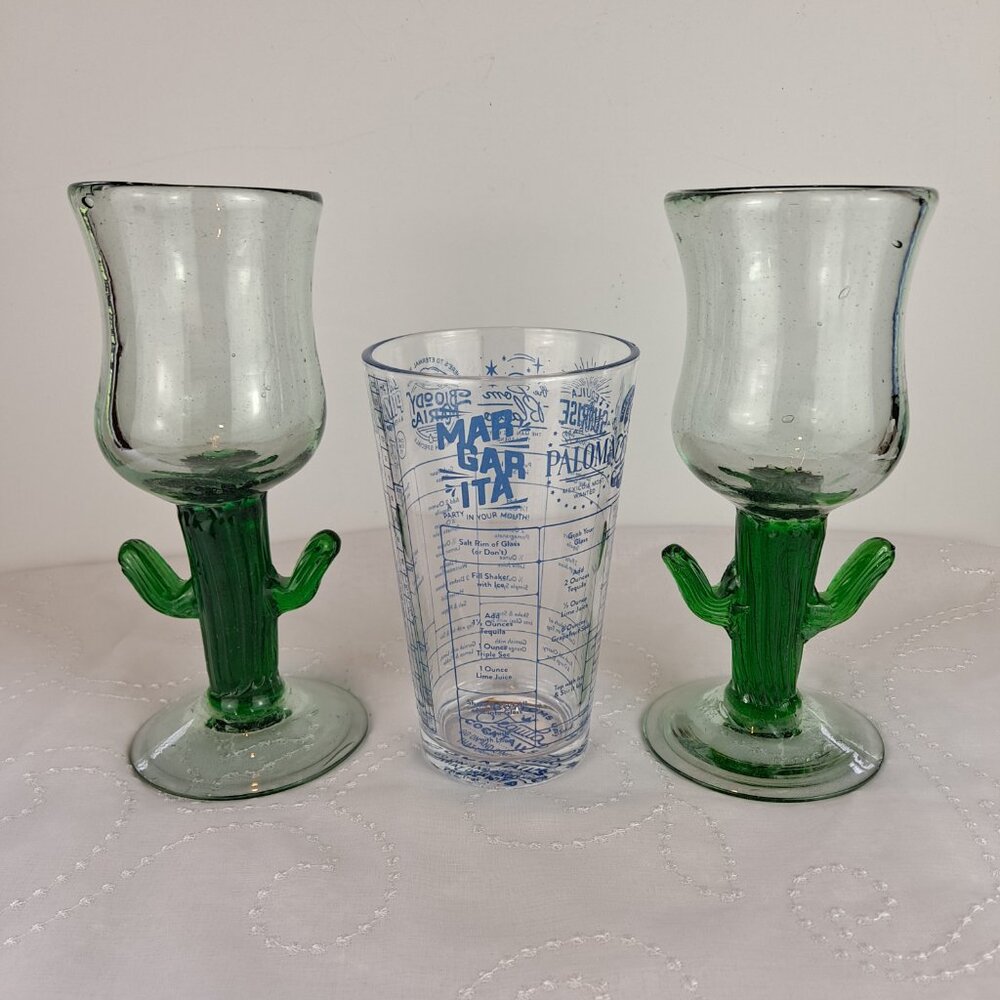 2 Mexican Glass Margarita Glasses & Margarita Recipe Measure Glass